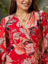 Women's Red Casual Printed Fit & Flared Full Sleeves Dress