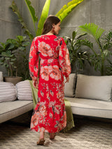 Women's Red Casual Printed Fit & Flared Full Sleeves Dress