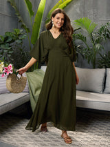 Women's Olive Casual Solid Fit & Flared Half Sleeves Dress