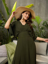 Women's Olive Casual Solid Fit & Flared Half Sleeves Dress