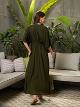 Women's Olive Casual Solid Fit & Flared Half Sleeves Dress
