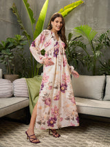 Women's Beige Casual Printed Fit & Flared Full Sleeves Dress