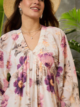 Women's Beige Casual Printed Fit & Flared Full Sleeves Dress