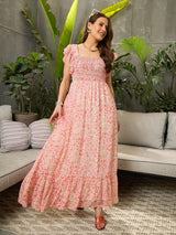 Women's Peach Casual Printed Fit & Flared Sleeveless Dress