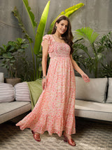 Women's Peach Casual Printed Fit & Flared Sleeveless Dress
