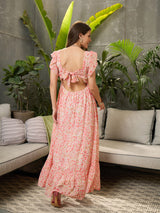 Women's Peach Casual Printed Fit & Flared Sleeveless Dress