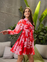 Women's Red Casual Printed Fit & Flared Full Sleeves Dress