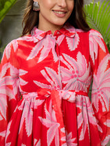 Women's Red Casual Printed Fit & Flared Full Sleeves Dress