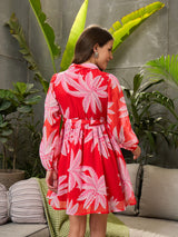 Women's Red Casual Printed Fit & Flared Full Sleeves Dress