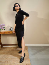 Women's Black Casual Solid Slim Fit Three Quarter Sleeves Dress