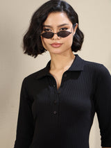 Women's Black Casual Solid Slim Fit Three Quarter Sleeves Dress