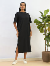 Women's Black Casual Solid Oversized Fit Half Sleeves Dress