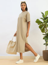 Women's Olive Casual Solid Oversized Fit Half Sleeves Dress
