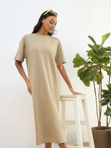 Women's Olive Casual Solid Oversized Fit Half Sleeves Dress