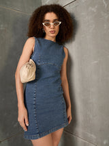Women's Blue Casual Solid Regular Fit Sleeveless Dress