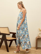 Women's Blue Casual Printed Oversized Fit Sleeveless Dress