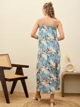 Women's Blue Casual Printed Oversized Fit Sleeveless Dress