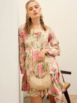 Women's Beige Casual Printed Oversized Fit Full Sleeves Dress