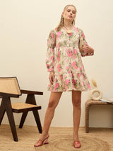 Women's Beige Casual Printed Oversized Fit Full Sleeves Dress