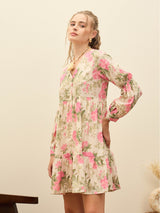 Women's Beige Casual Printed Oversized Fit Full Sleeves Dress