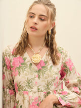 Women's Beige Casual Printed Oversized Fit Full Sleeves Dress