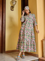 Women's Green Casual Printed Regular Fit Three Quarter Sleeves Dress