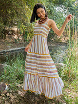 Women's White Casual Striped Fit & Flared Sleeveless Dress