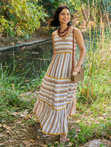 Women's White Casual Striped Fit & Flared Sleeveless Dress