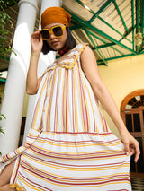 Women's White Casual Striped Regular Fit Sleeveless Dress