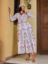 Women's White Casual Printed Fit & Flared Full Sleeves Dress