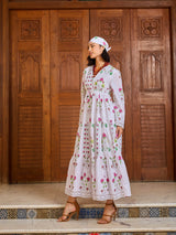 Women's White Casual Printed Fit & Flared Full Sleeves Dress