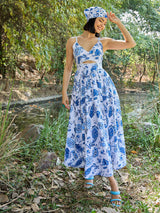 Women's Blue Casual Printed Fit & Flared Sleeveless Dress
