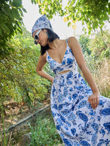 Women's Blue Casual Printed Fit & Flared Sleeveless Dress