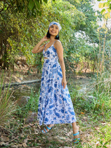 Women's Blue Casual Printed Fit & Flared Sleeveless Dress
