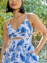 Women's Blue Casual Printed Fit & Flared Sleeveless Dress