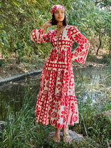 Women's Red Casual Printed Fit & Flared Full Sleeves Dress