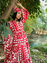 Women's Red Casual Printed Fit & Flared Full Sleeves Dress