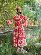 Women's Red Casual Printed Fit & Flared Full Sleeves Dress