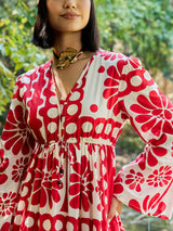 Women's Red Casual Printed Fit & Flared Full Sleeves Dress