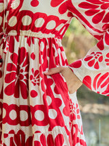 Women's Red Casual Printed Fit & Flared Full Sleeves Dress