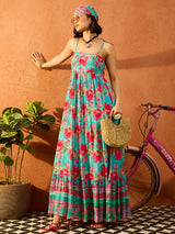 Women's Blue Casual Printed Regular Fit Sleeveless Dress
