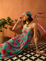 Women's Blue Casual Printed Regular Fit Sleeveless Dress