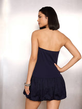 Women's Navy Blue Rib Off-shoulder Short Party Dress