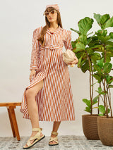 Women's Brown Casual Striped Regular Fit Full Sleeves Dress