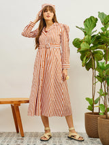 Women's Brown Casual Striped Regular Fit Full Sleeves Dress