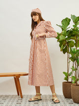 Women's Brown Casual Striped Regular Fit Full Sleeves Dress
