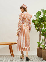 Women's Brown Casual Striped Regular Fit Full Sleeves Dress