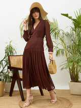 Women's Brown Casual Solid Fit & Flared Full Sleeves Dress