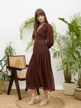 Women's Brown Casual Solid Fit & Flared Full Sleeves Dress