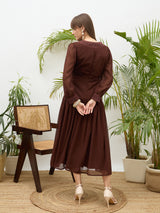 Women's Brown Casual Solid Fit & Flared Full Sleeves Dress